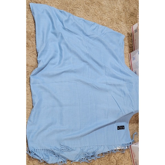 Pashmina Finished 100% Cashmere Light Blue Scarf Wrap Shawl with Fringes - Picture 5 of 5